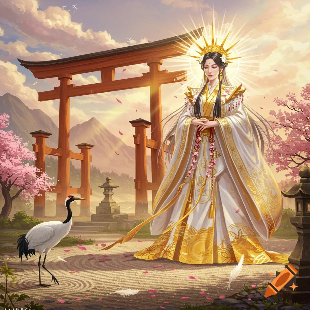 A radiant goddess in white and gold robes stands by a crane before a Japanese Torii gate with cherry blossoms and mountains.