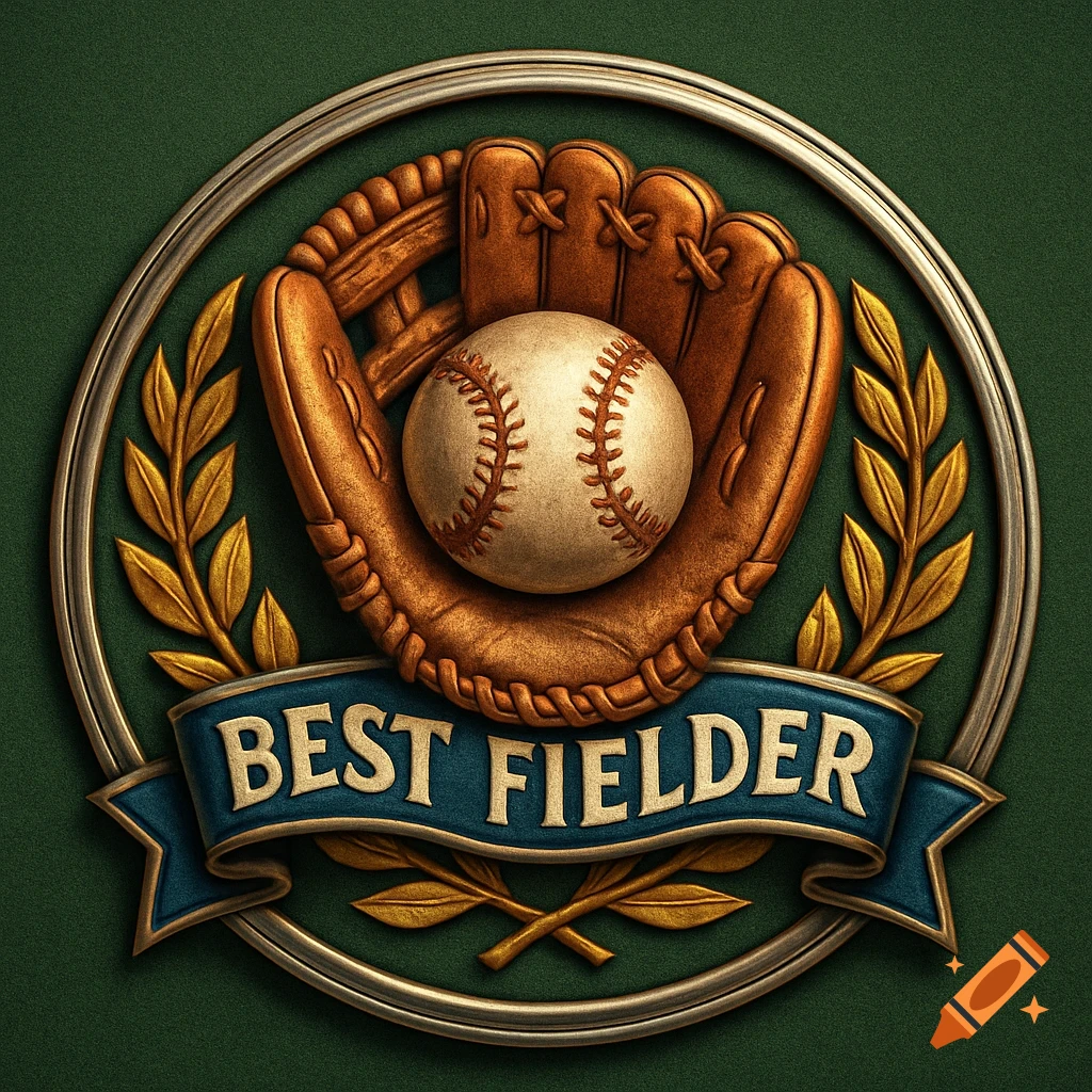 A detailed bronze baseball badge features a glove holding a baseball, with gold olive branches and a blue banner reading BEST FIELDER.
