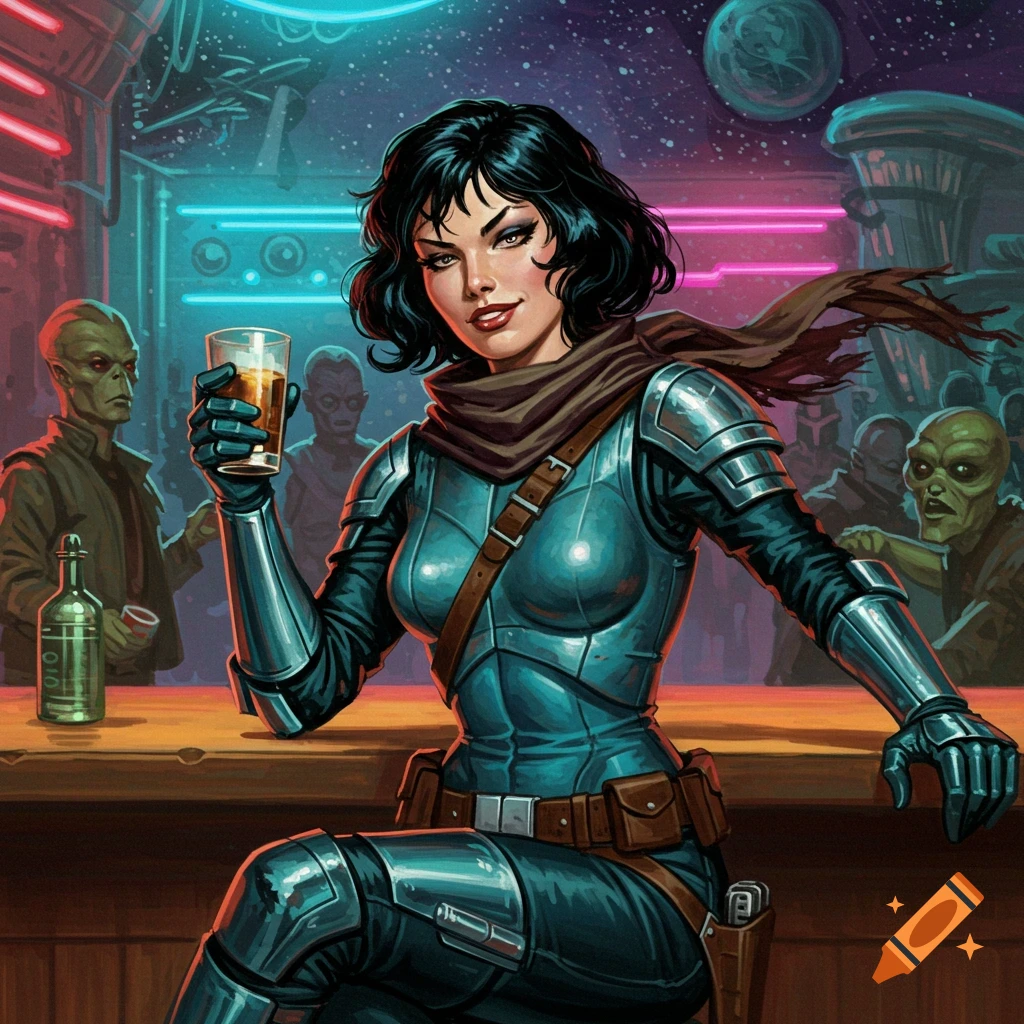A female space outlaw in a teal armored bodysuit sits at a bar with a drink in a retro sci-fi cantina.
