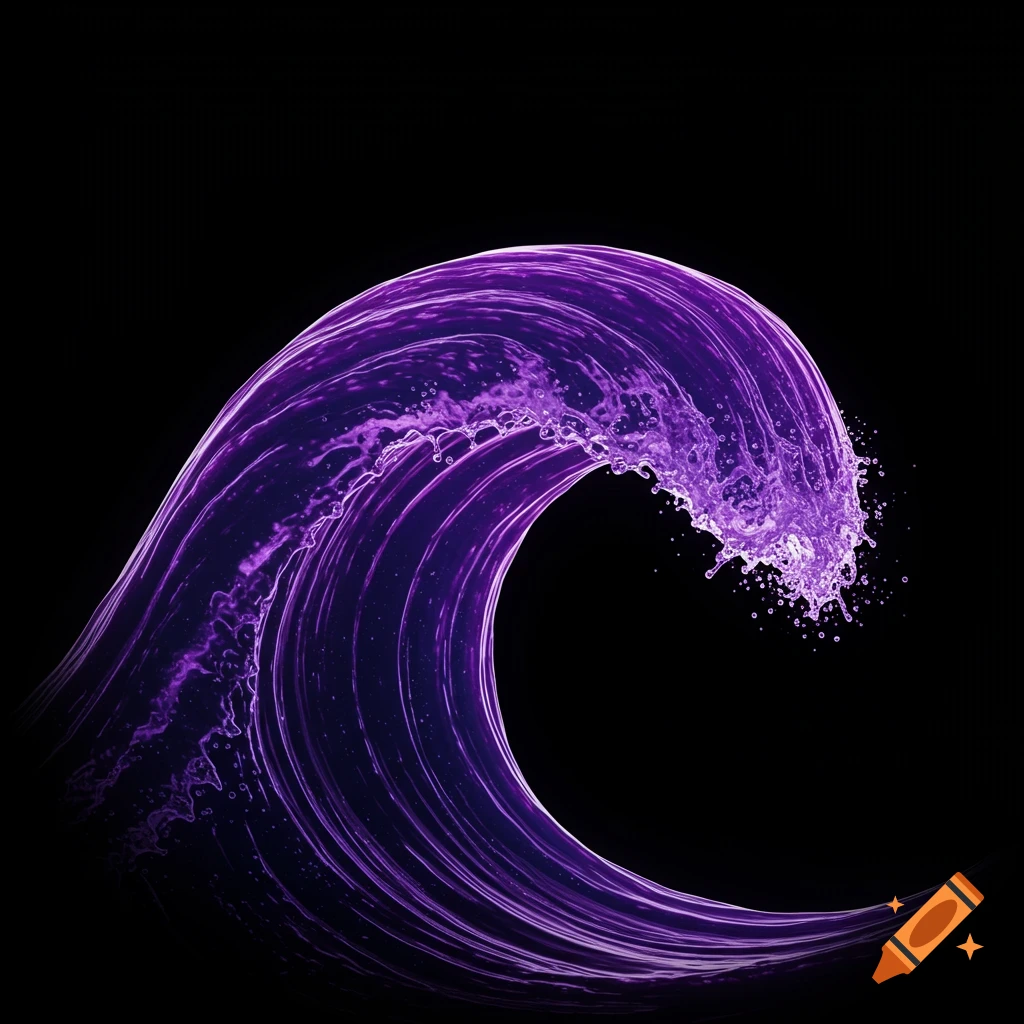 A vibrant purple, stylized wave of liquid curls against a pitch black background.