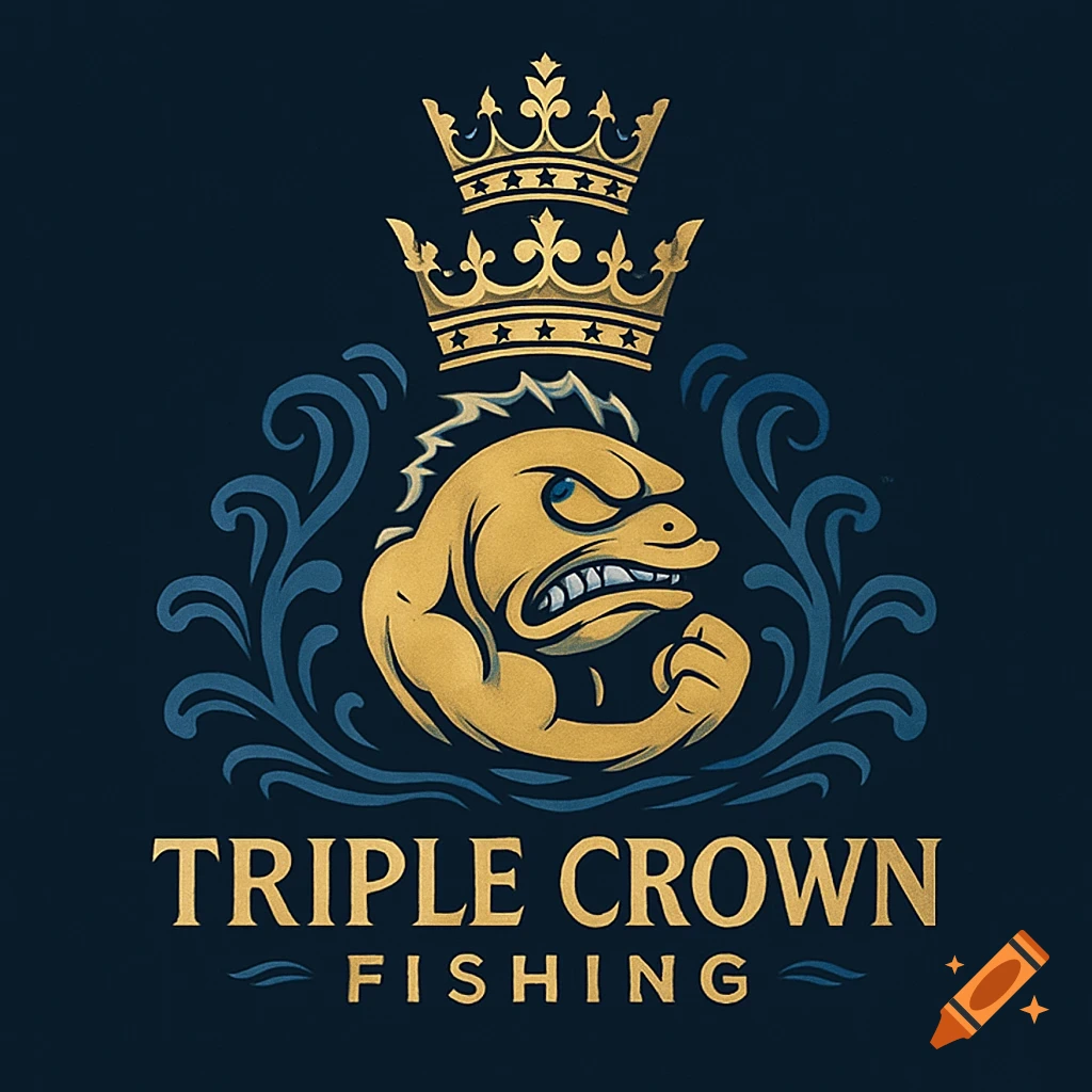 A gold and blue logo with an angry, muscular yellow fish, surrounded by blue waves, topped by two crowns, and the text "TRIPLE CROWN FISHING" below.