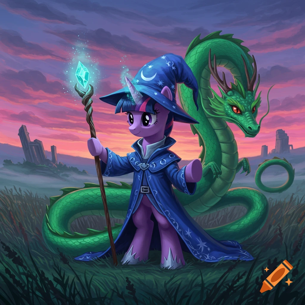 Twilight Sparkle pony as a wizard in a blue robe and hat, holding a glowing staff, next to a green dragon in a grassy field with a sunset sky.