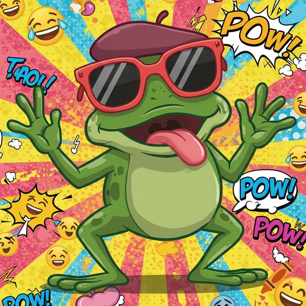A cartoon frog wearing a beret and sunglasses with its tongue out against a vibrant pop art background with emojis and comic book text.