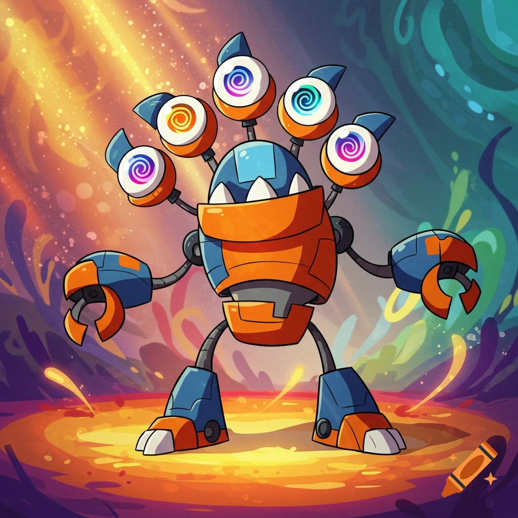 A colorful cartoon mech creature with five swirly eyes and pincer hands stands on a glowing, abstract background.