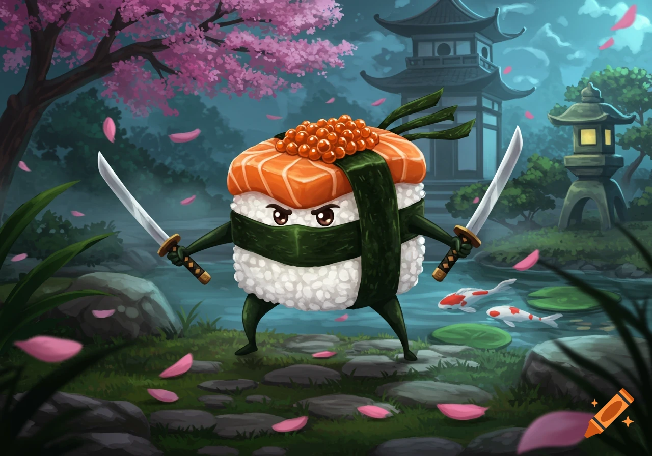 Cartoon sushi ninja holding two swords in a moonlit Japanese garden with cherry blossoms and a pagoda.
