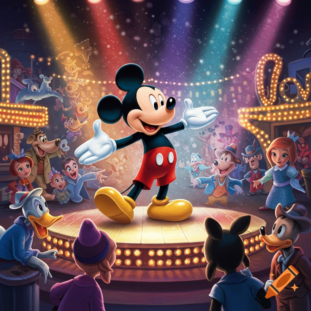 Mickey Mouse on a brightly lit stage, performing with other cartoon characters in a theater, under a neon "LOVE" sign.