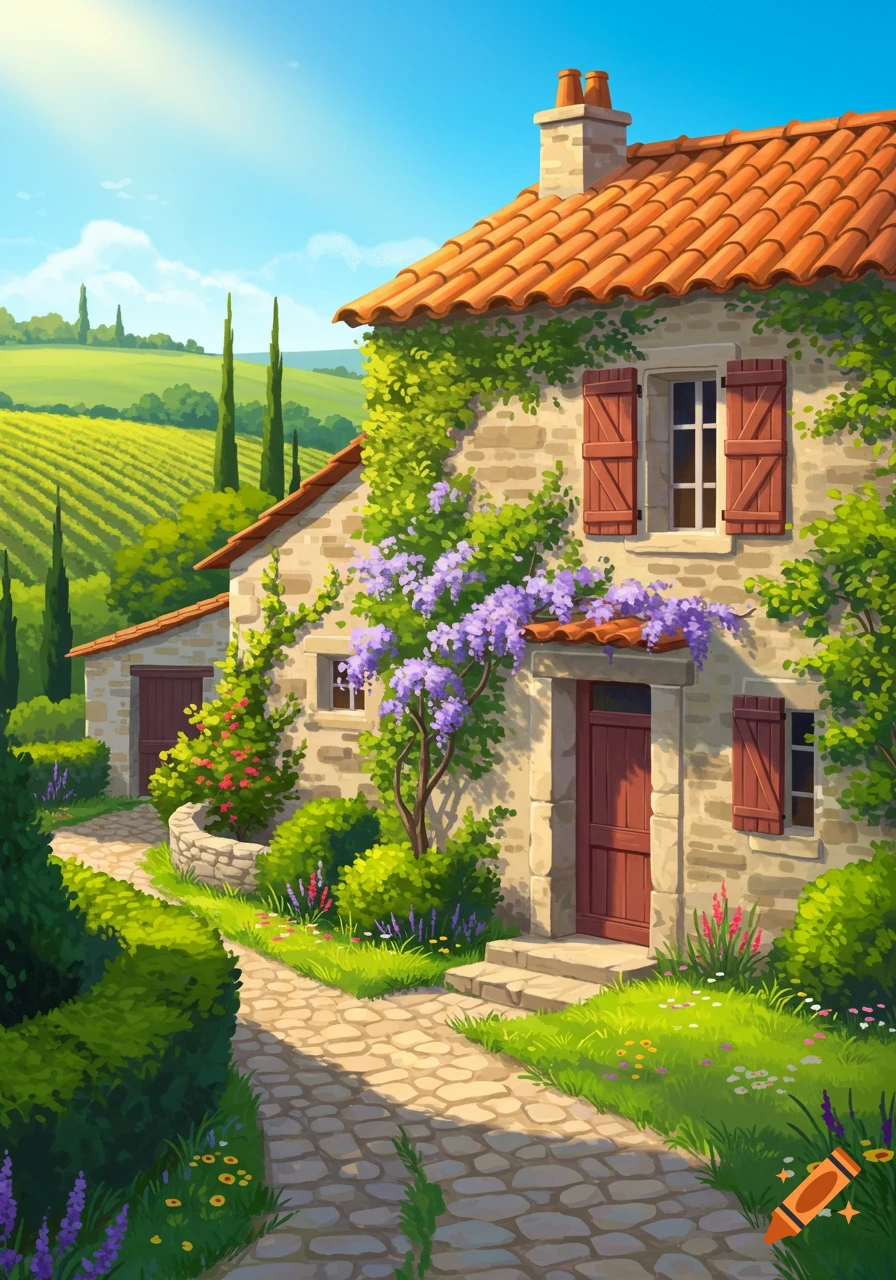 A charming stone country house with a red tiled roof, green vines, purple flowers, and vineyards under a sunny blue sky.