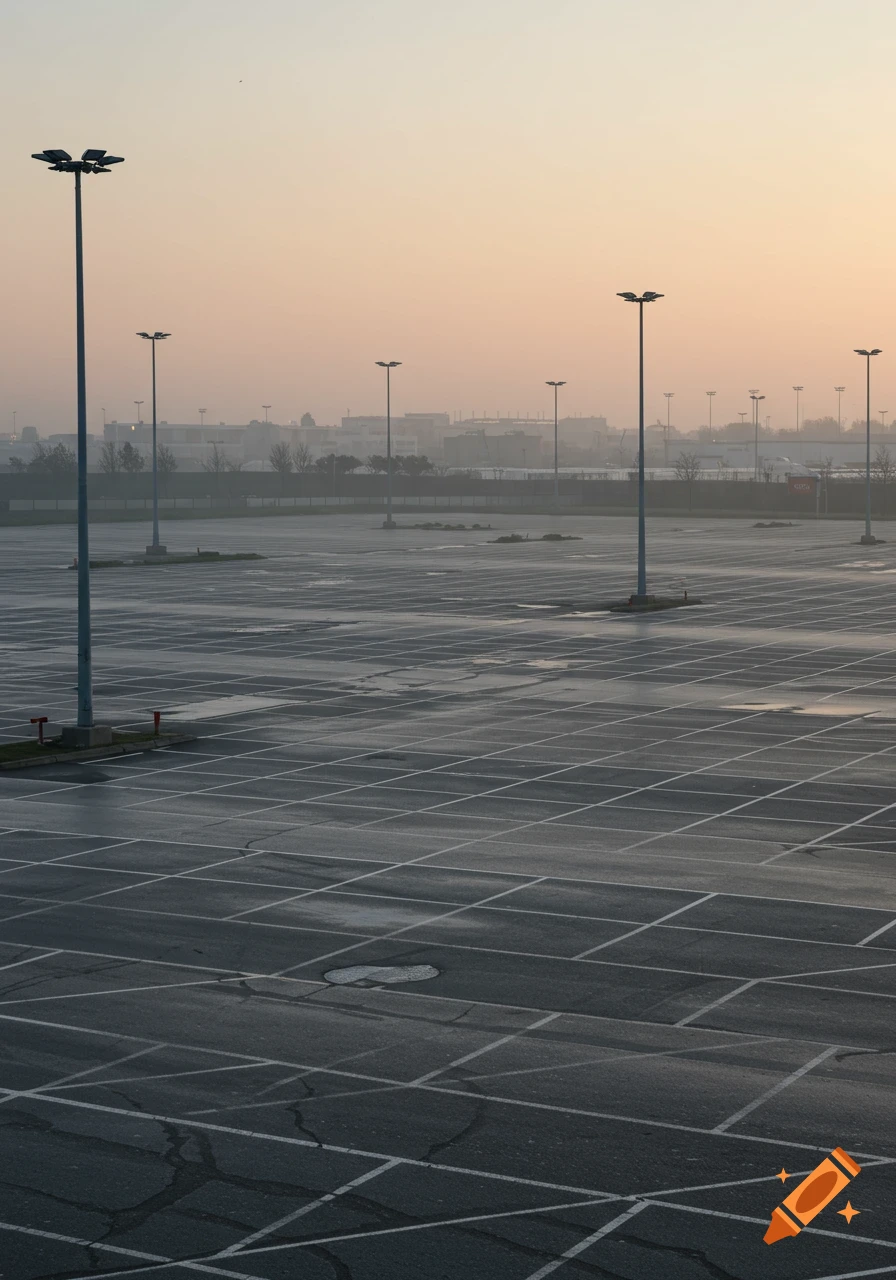 An empty parking lot with tall lamp posts under a hazy sky at dusk, stretching into the distance towards urban buildings.