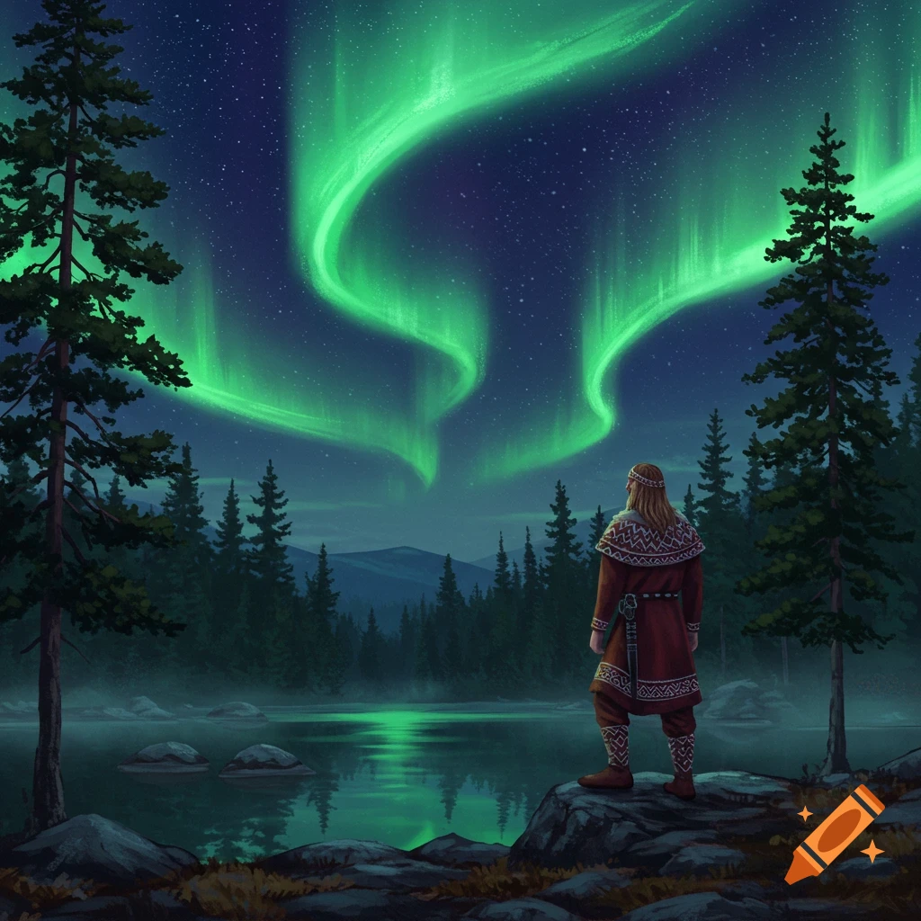 A person in traditional garb stands by a lake, looking at vibrant green Northern Lights over a forest at night. Digital illustration.