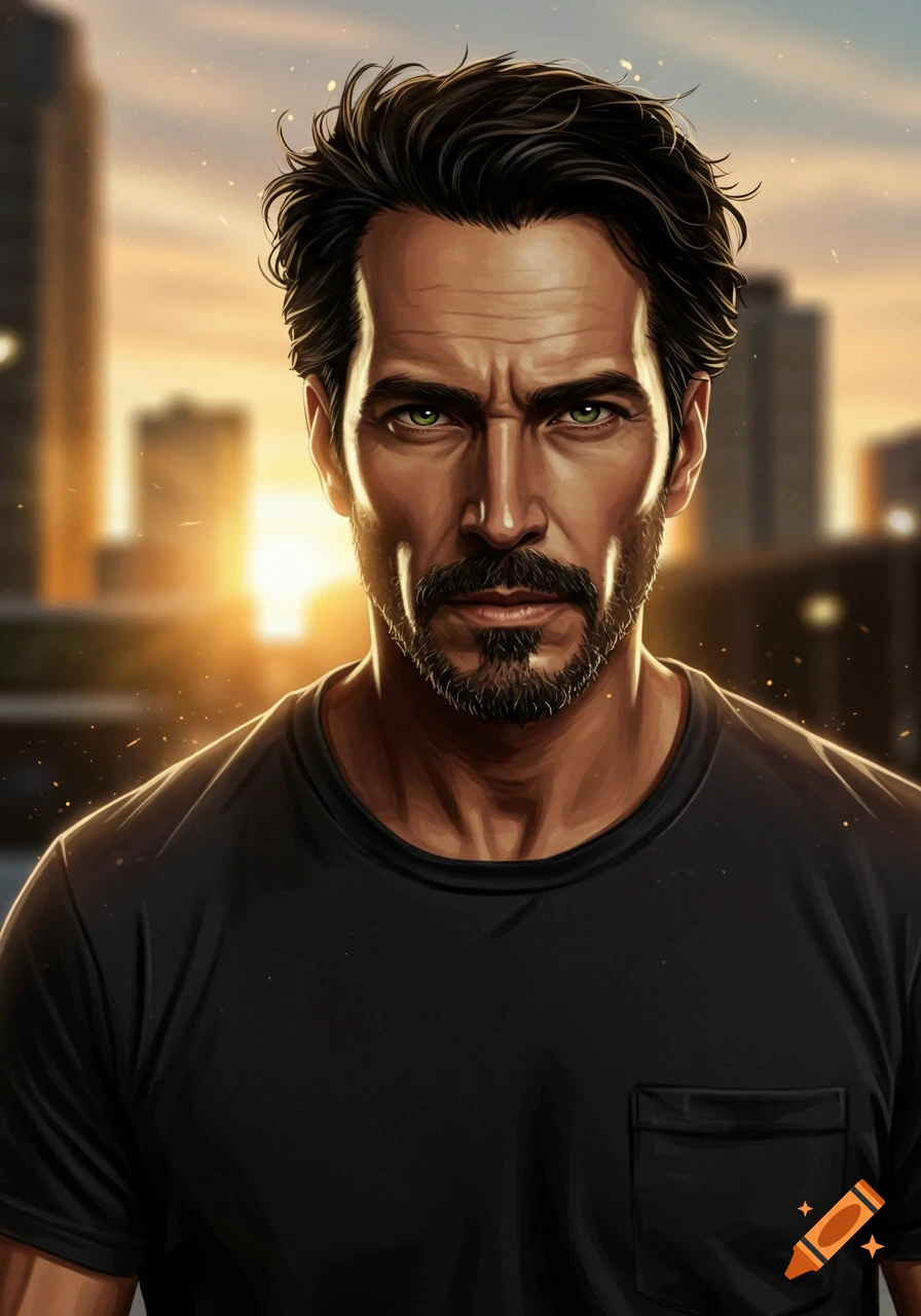 A stylized portrait of a rugged man with dark hair, a beard, and green ...