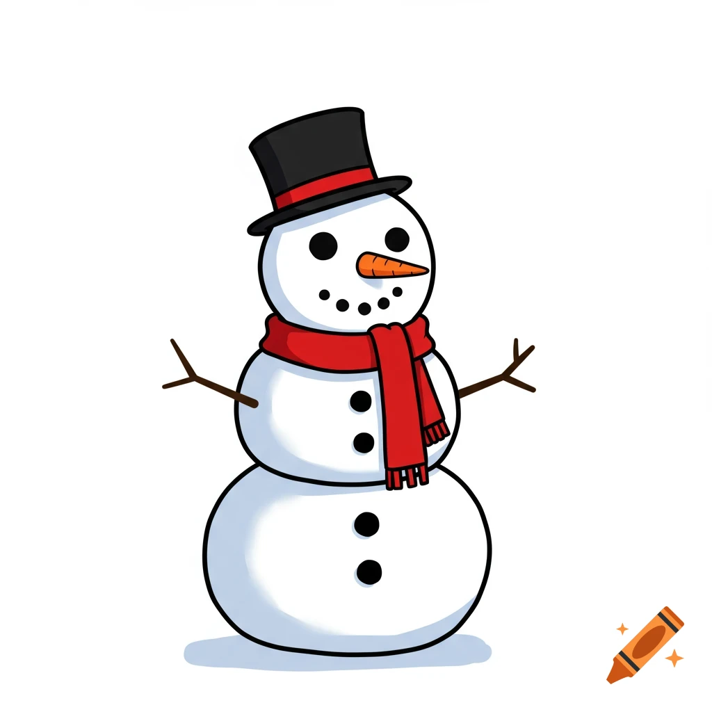 A simple 2D cartoon snowman wearing a black top hat and a red scarf, with stick arms and a carrot nose, on a white background.