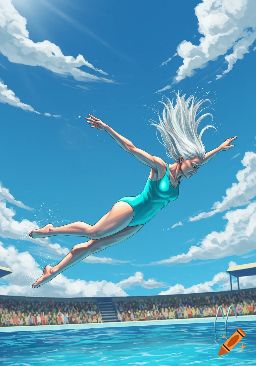 A digital illustration of a woman with white hair mid-dive above a swimming pool with a stadium crowd under a blue sky.