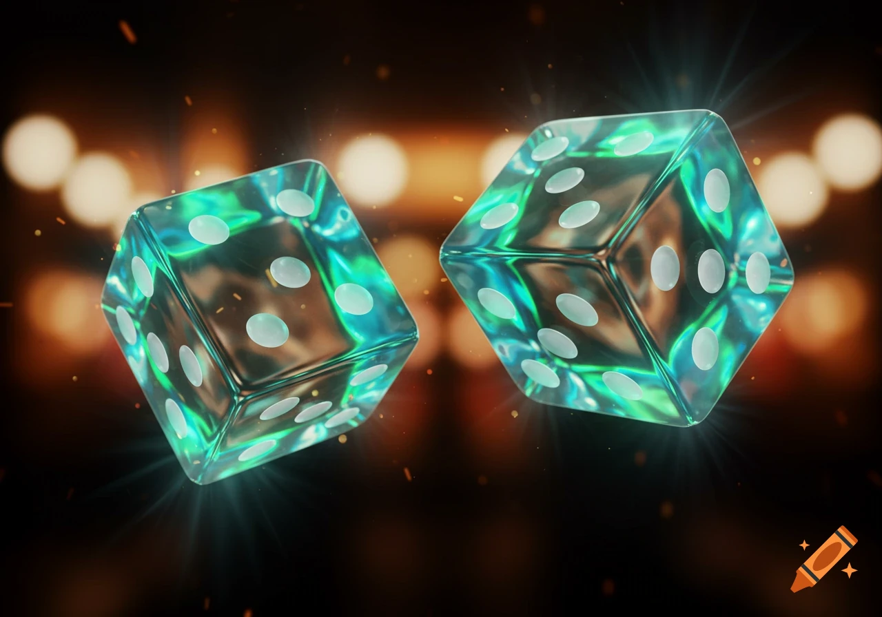Two glowing, iridescent green dice float against a dark, blurry background with warm bokeh lights and small sparks.