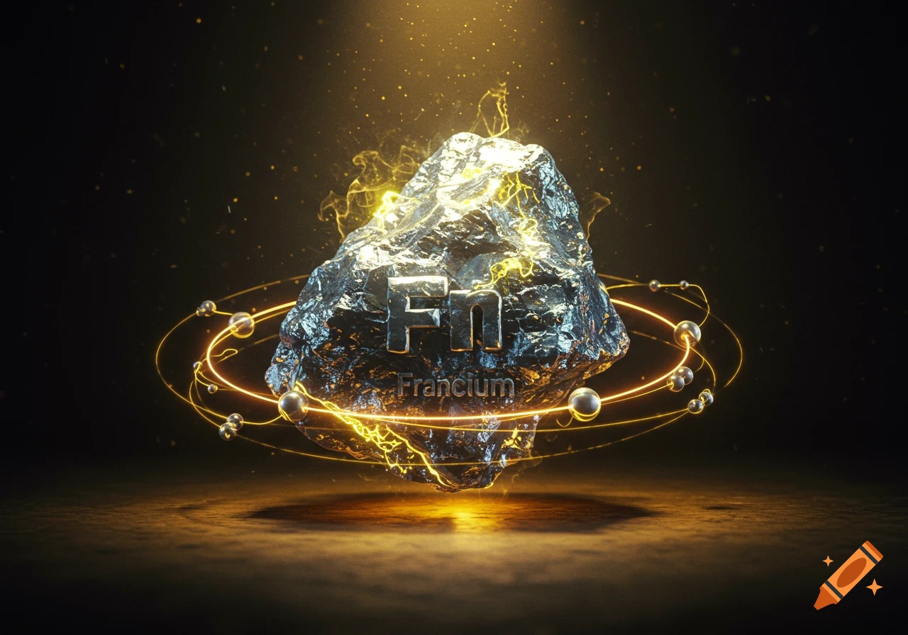 A glowing metallic piece of Francium, labeled 'FN Francium', surrounded by luminous orange atomic orbits against a dark background.