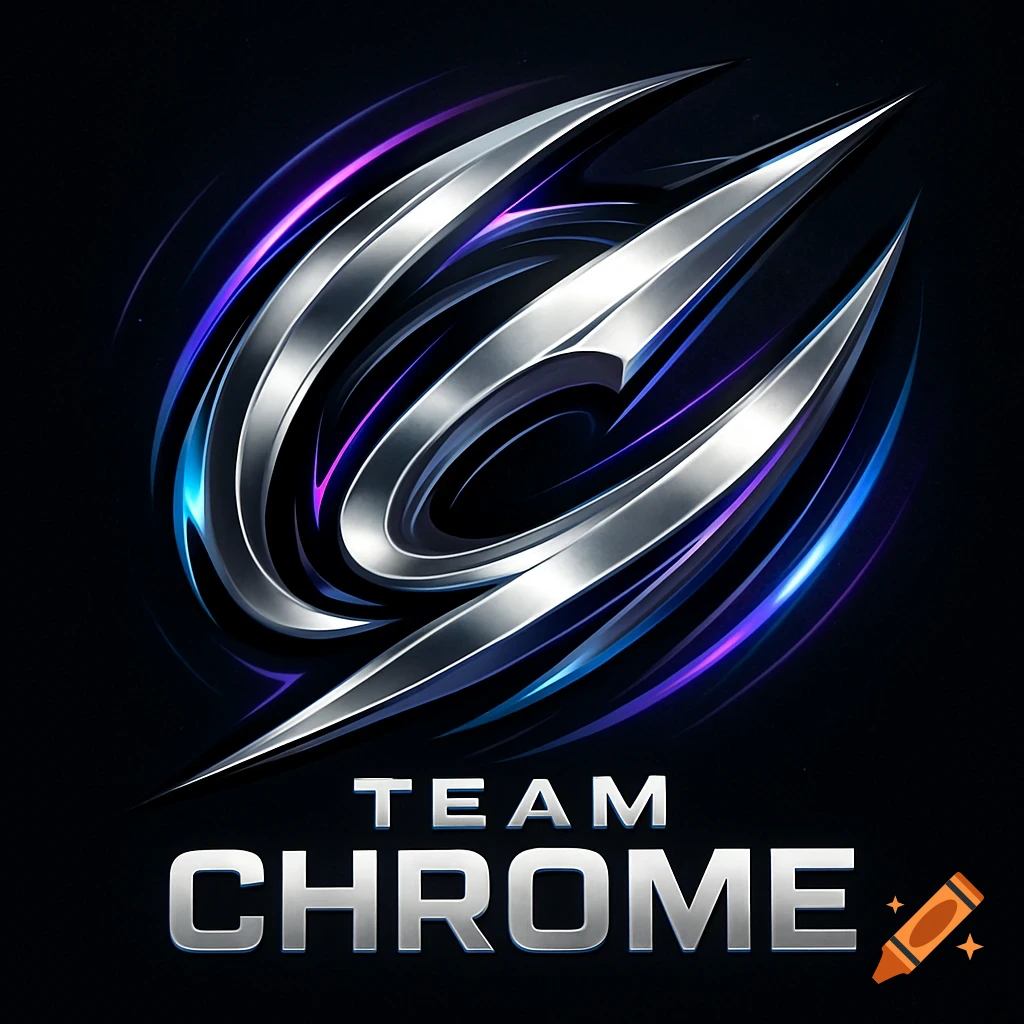 Silver metallic logo for Team Chrome with a stylized abstract design, illuminated by purple and blue neon lights on a dark background.
