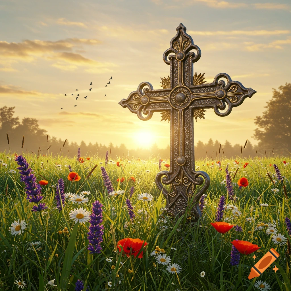 An ornate cross stands in a vibrant field of wildflowers like poppies and daisies under a golden sunset with birds flying in the distance.
