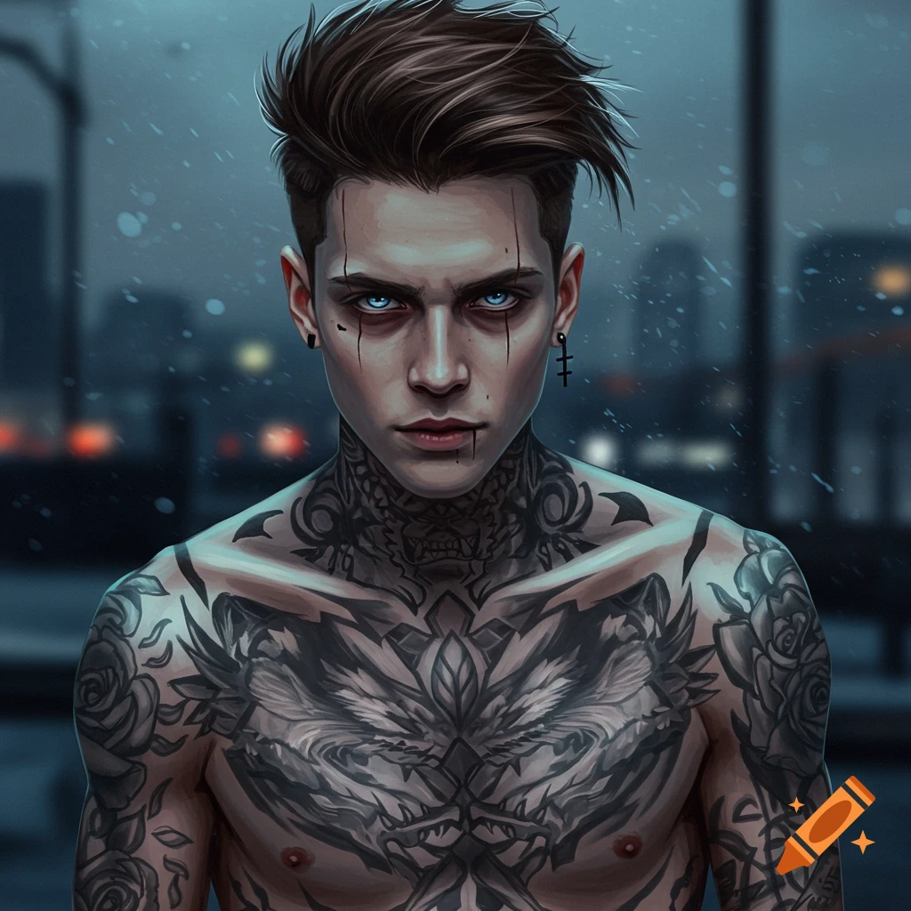 Digital art portrait of a shirtless man with blue eyes, a wolf cut, and extensive dark tattoos, against a rainy urban background.