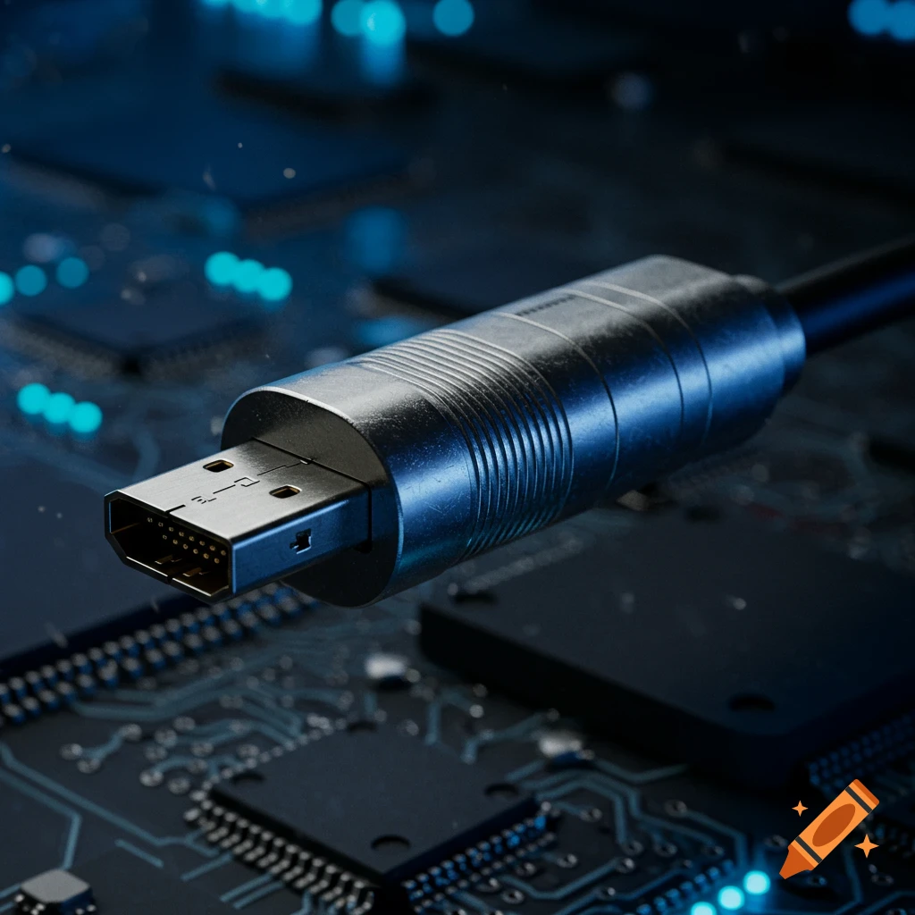 A close-up, photorealistic image of an HDMI connector plug on a dark circuit board with glowing blue lights.