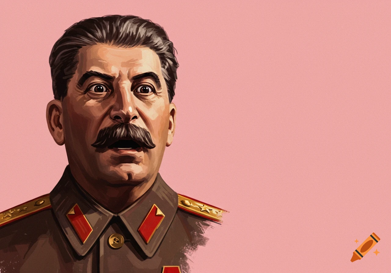 Stylized portrait illustration of Joseph Stalin with a shocked expression, set against a solid pink background.