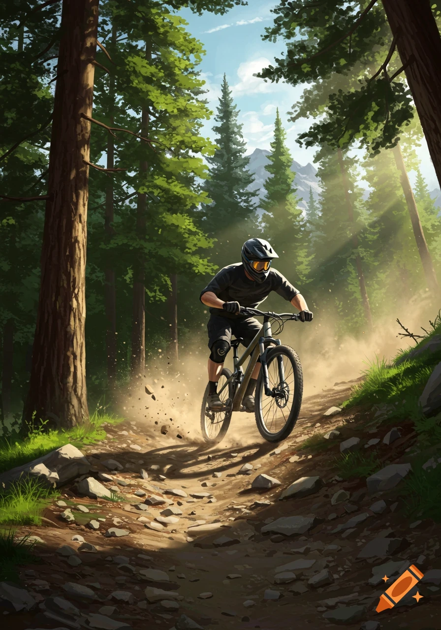 A mountain biker wearing a helmet and goggles descends a dusty forest trail with sunlight streaming through pine trees.
