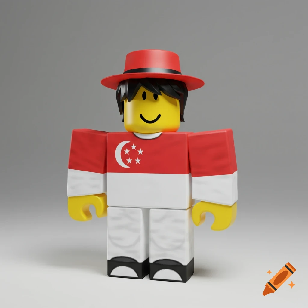 A 3D rendered Roblox character with yellow skin, black hair, a red hat, a shirt with the Singapore flag, white pants, and black shoes, standing against a gray background.