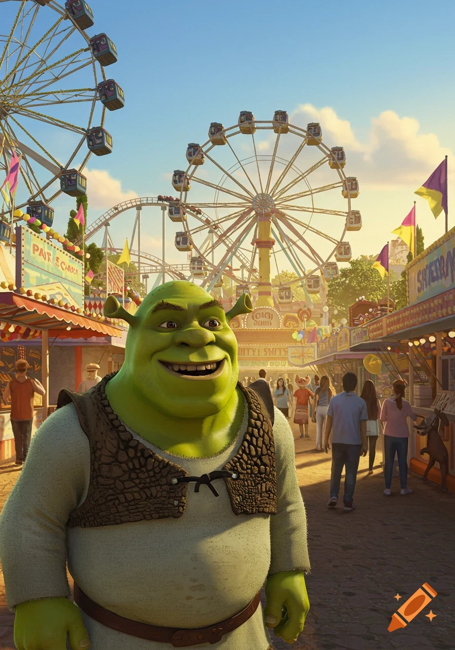 Shrek smiles brightly in a bustling amusement park with Ferris wheels and roller coasters under a sunny sky.
