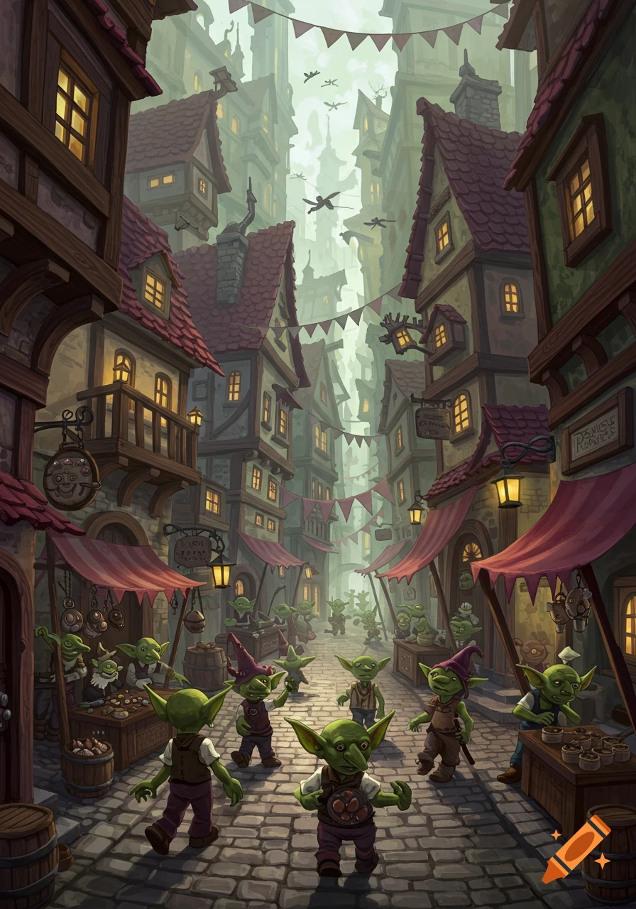 Fantasy illustration of goblins bustling in a narrow, cobbled city street with tall, old buildings and market stalls.