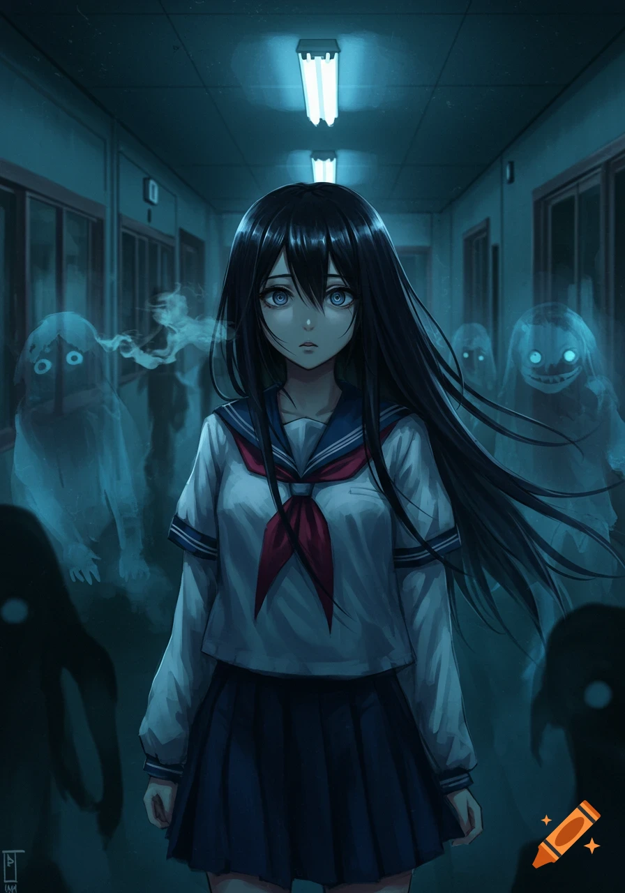 An anime girl in a school uniform looks scared in a dark school hallway, surrounded by creepy, translucent ghosts.
