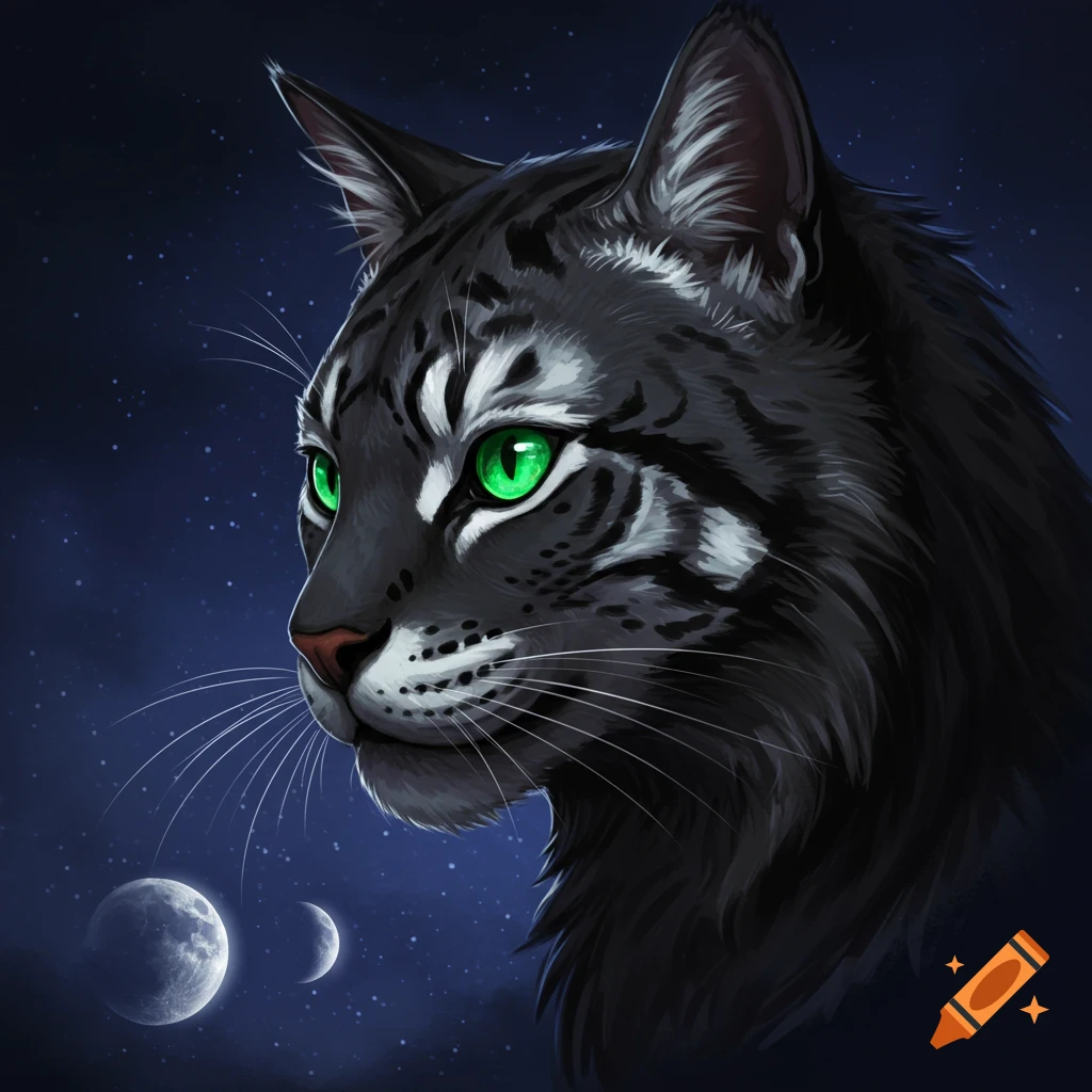 A stylized profile of a dark tabby cat with luminous green eyes against a starry night sky with two moons.