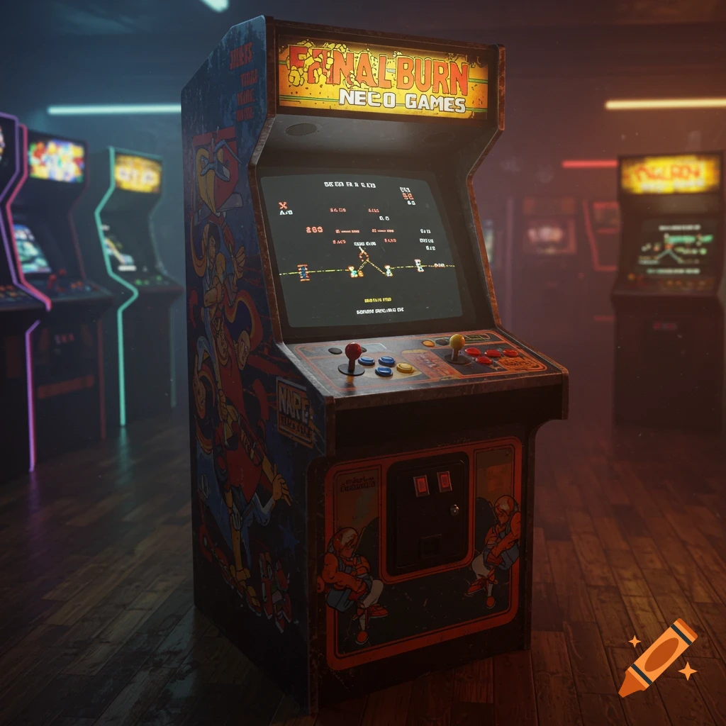 An old 'Final Burn Neo Games' arcade machine with pixel art on its screen, standing in a dimly lit retro arcade.