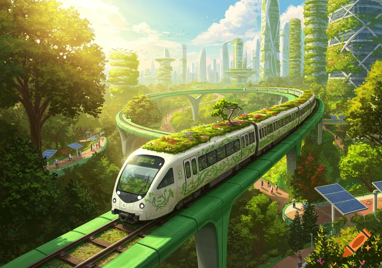 A vibrant solar punk city with green skyscrapers and a flower-covered train on a raised track, surrounded by lush trees and solar panels under a sunny sky.