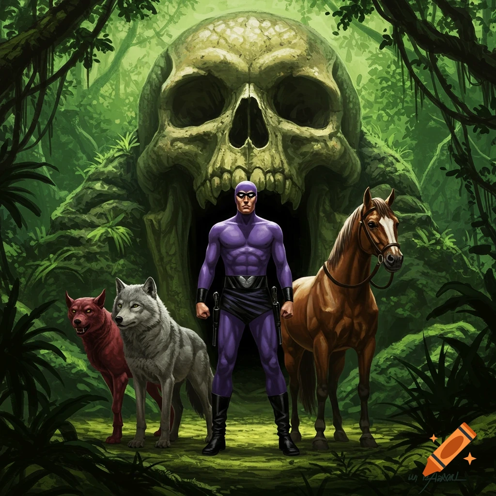 The Phantom in a purple suit stands with two wolves and a horse in front of a giant skull cave in a lush jungle.