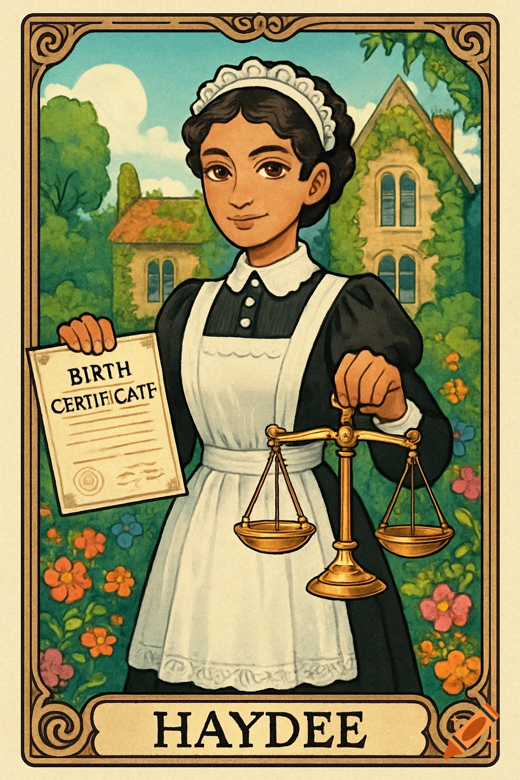 A cartoon tarot card features a young woman in a maid's uniform holding a birth certificate and golden scales, with an old house and garden behind her.
