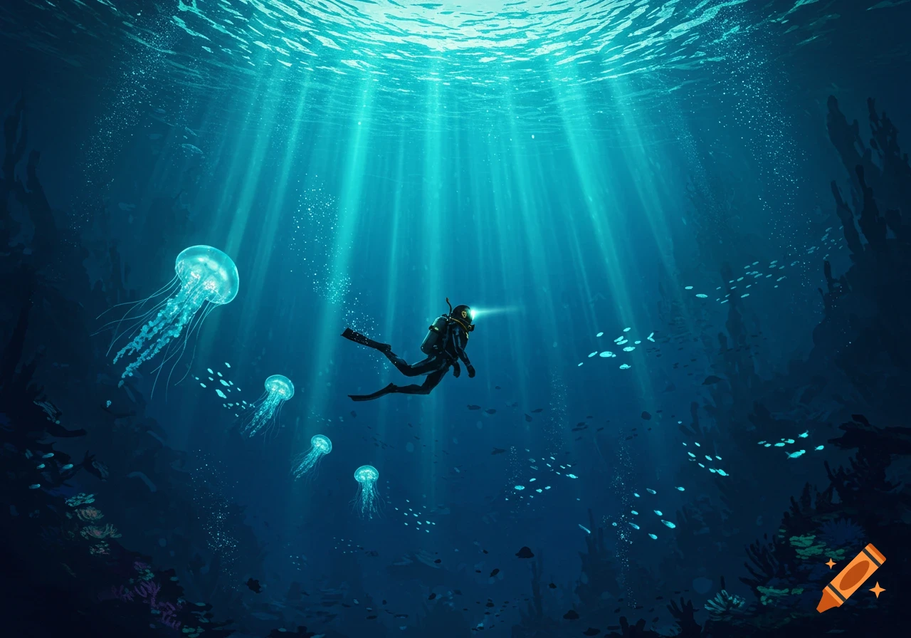 A diver explores the deep blue ocean, swimming near bioluminescent jellyfish and schools of fish under sunbeams.