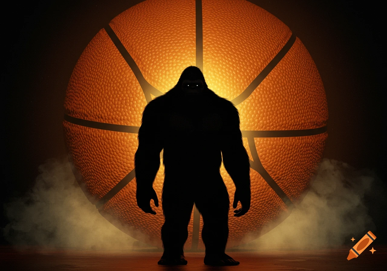 Dramatic silhouette of a hairy Bigfoot with glowing eyes in front of a large, illuminated basketball on a smoky floor.