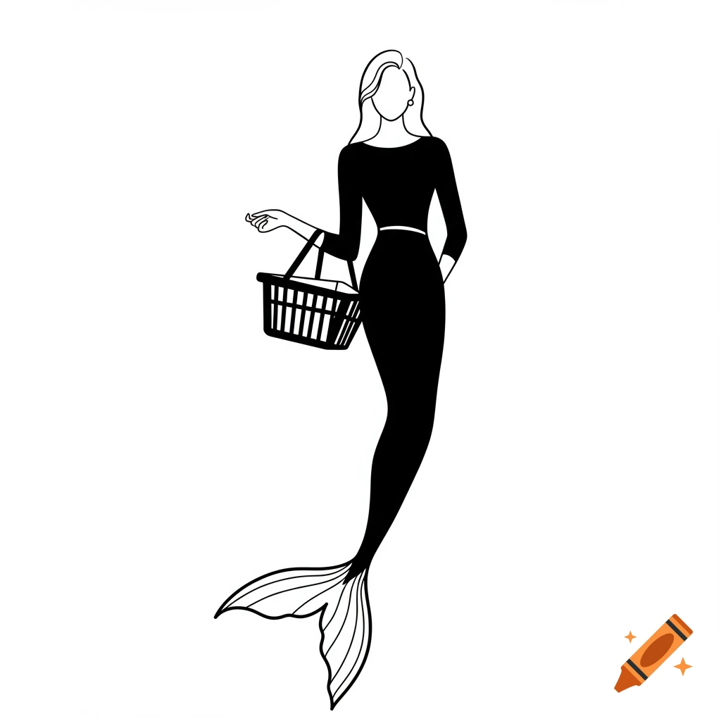 Minimalist black and white line drawing of a stylish mermaid woman holding a shopping basket.