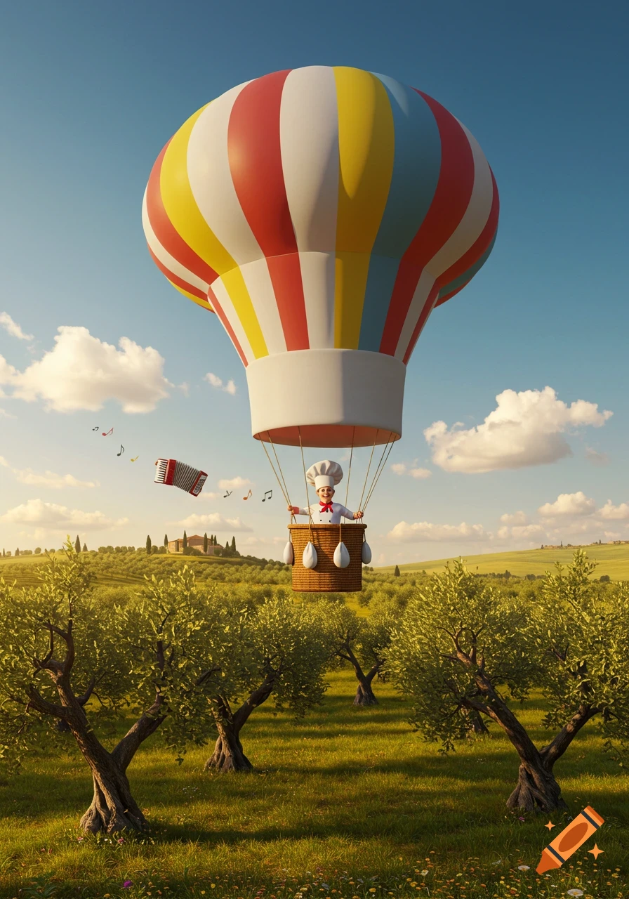 A whimsical hot air balloon resembling a chef's hat floats over an olive grove, with a cartoon chef playing an accordion in the basket.