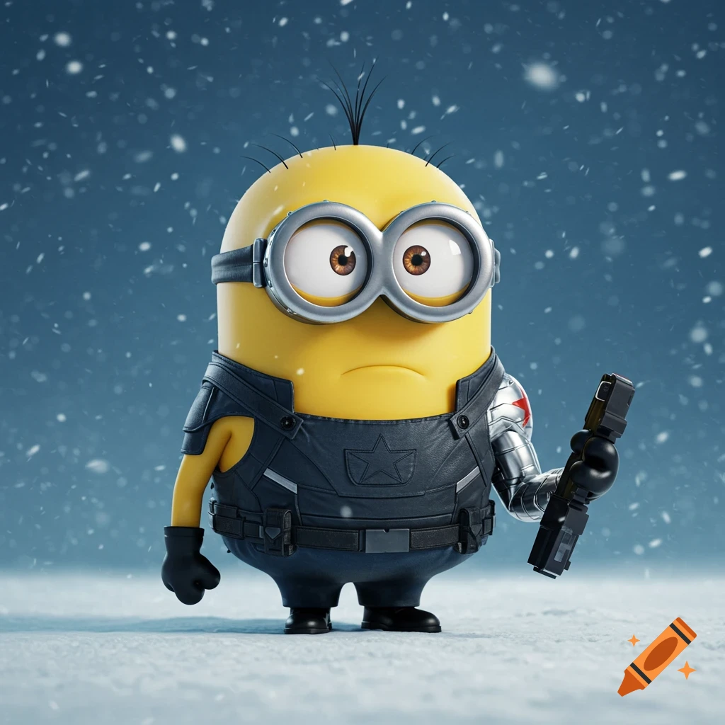 A CGI Minion dressed as the Winter Soldier, holding a black gun, standing in the snow under falling snowflakes.