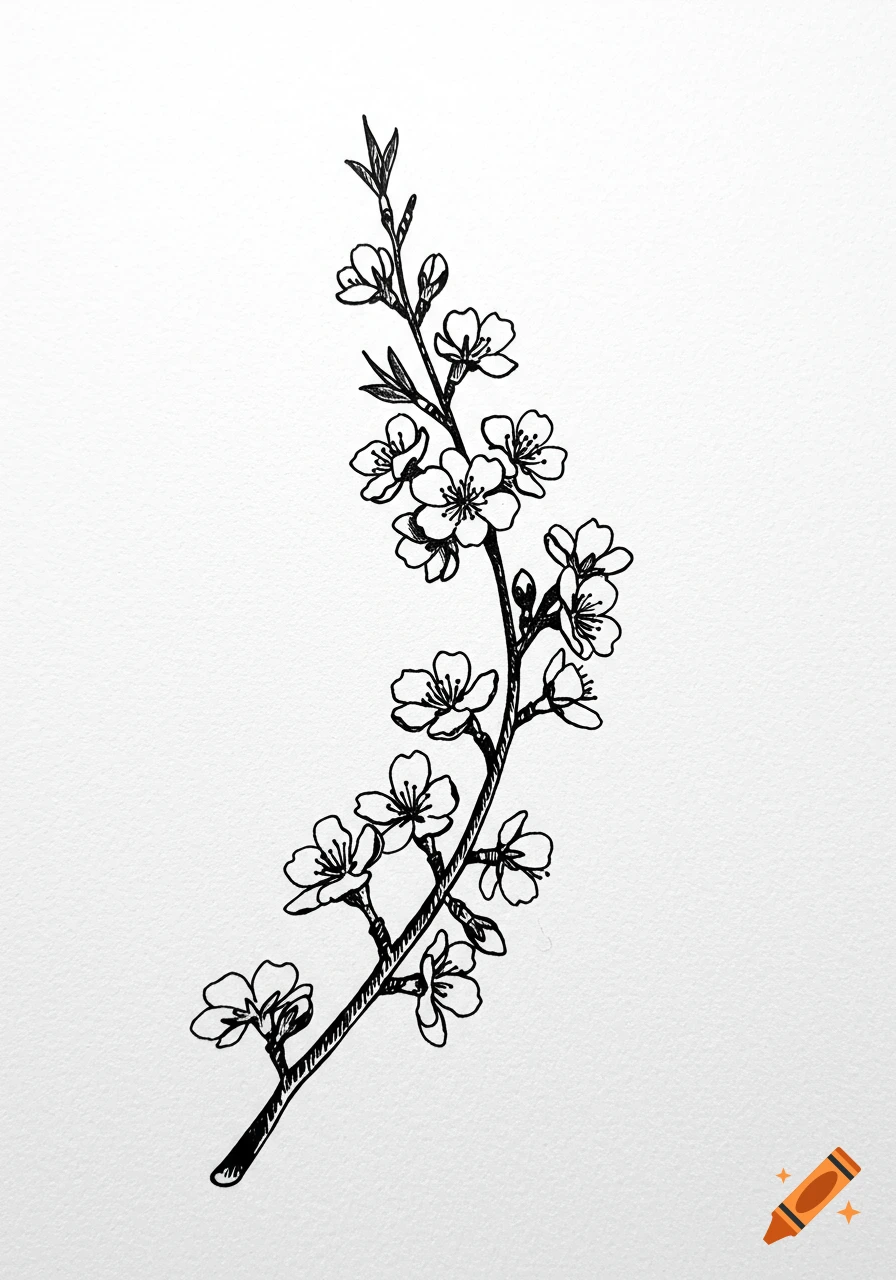 Minimalist black ink drawing of a blooming almond branch with delicate flowers and buds on a white textured background.