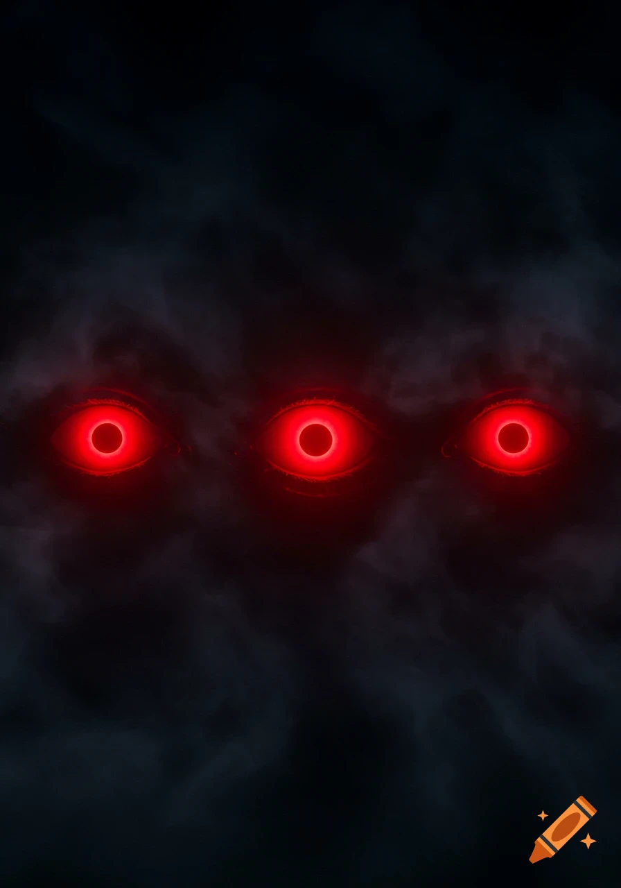 Three intensely glowing red eyes are horizontally aligned in a dark, smoky void.