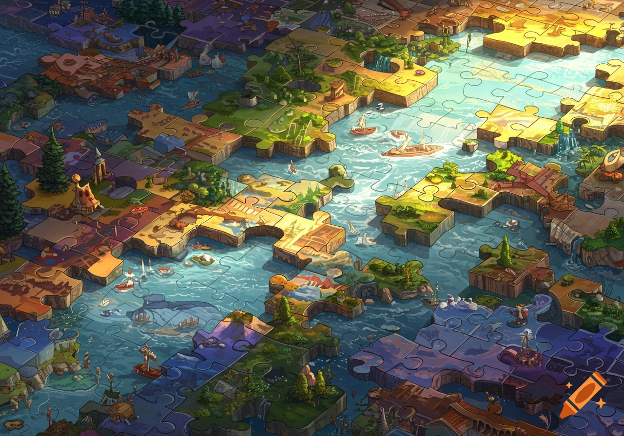 A colorful fantasy world map made of interconnected puzzle pieces, featuring land, water, trees, buildings, and boats.