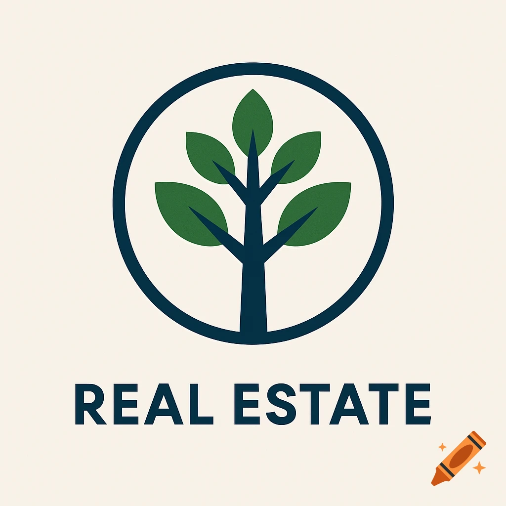 Modern real estate logo with a green tree inside a blue circle above the words REAL ESTATE on a cream background.