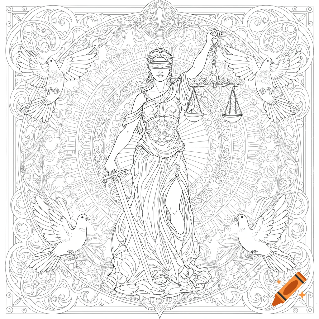 A detailed line art coloring page of Lady Justice, blindfolded, holding scales and a sword, surrounded by doves and intricate mandala patterns.