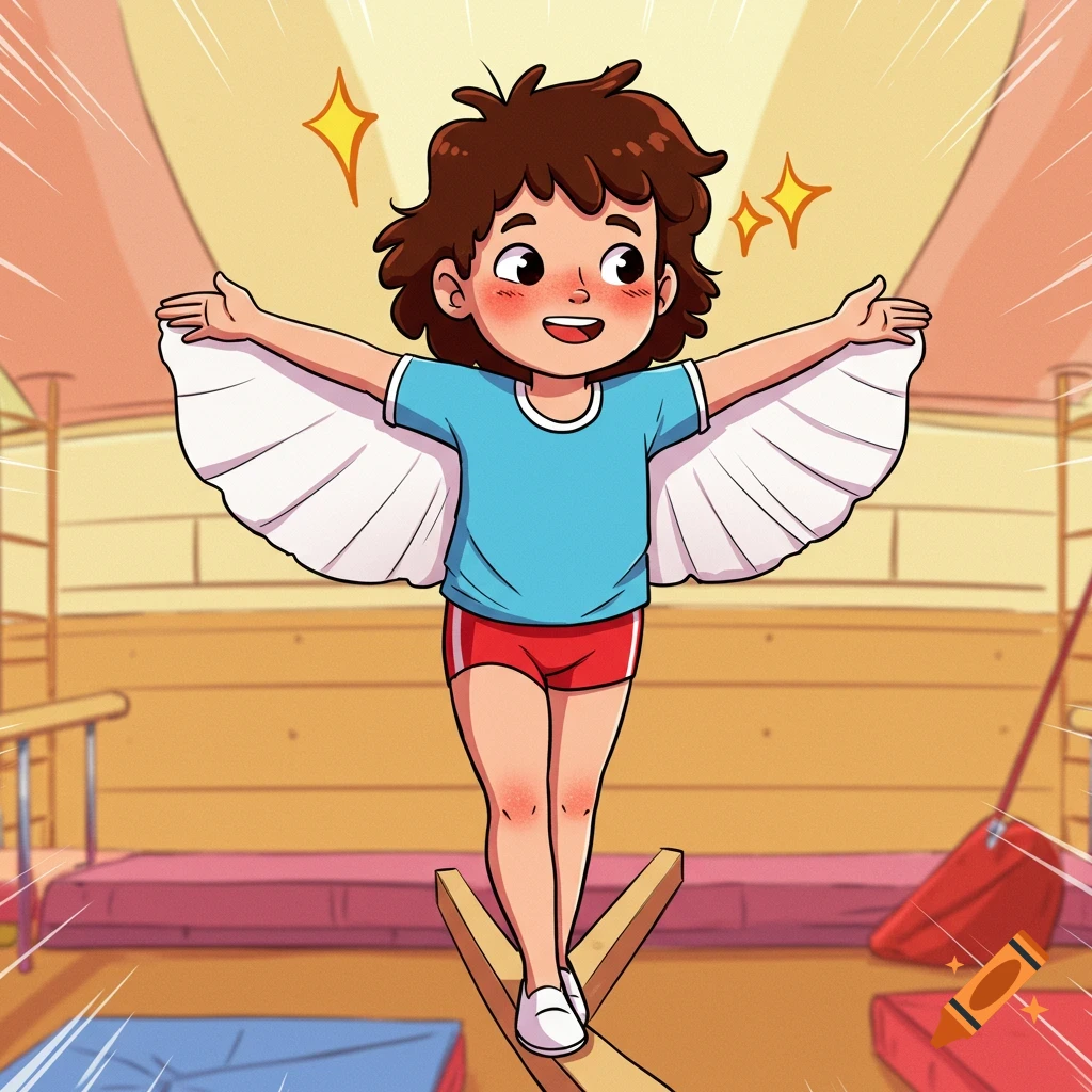 A cartoon child with outstretched arms balances on a beam in a gymnastics gym, with sparkling effects around their head.