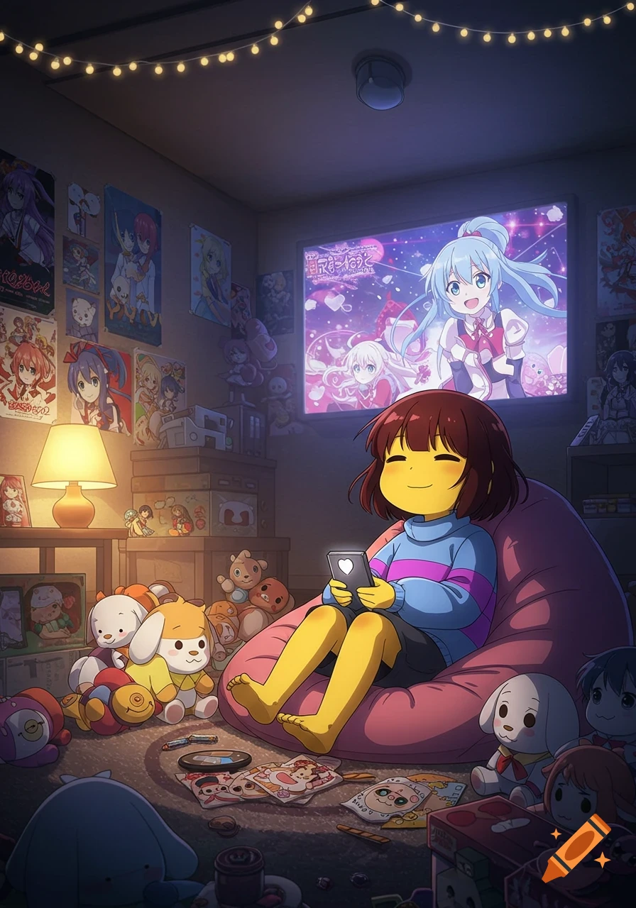 Anime-style character Frisk relaxes on a pink beanbag in a cozy room filled with anime posters, watching TV and using a phone.