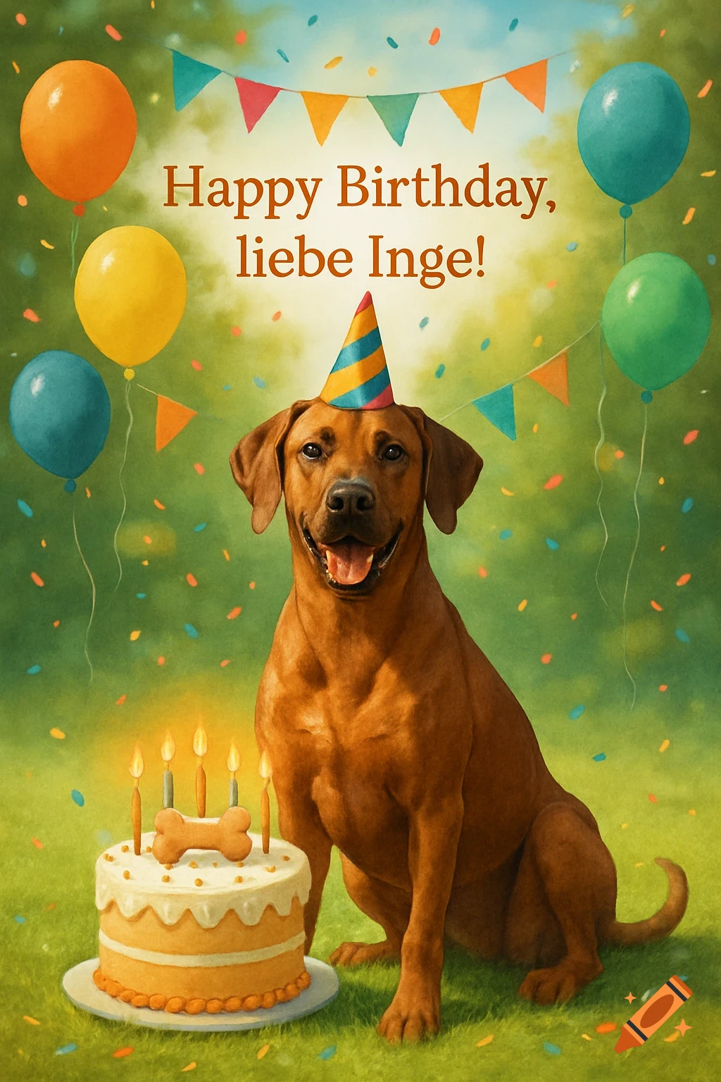 Illustrated Rhodesian Ridgeback wearing a party hat next to a birthday ...