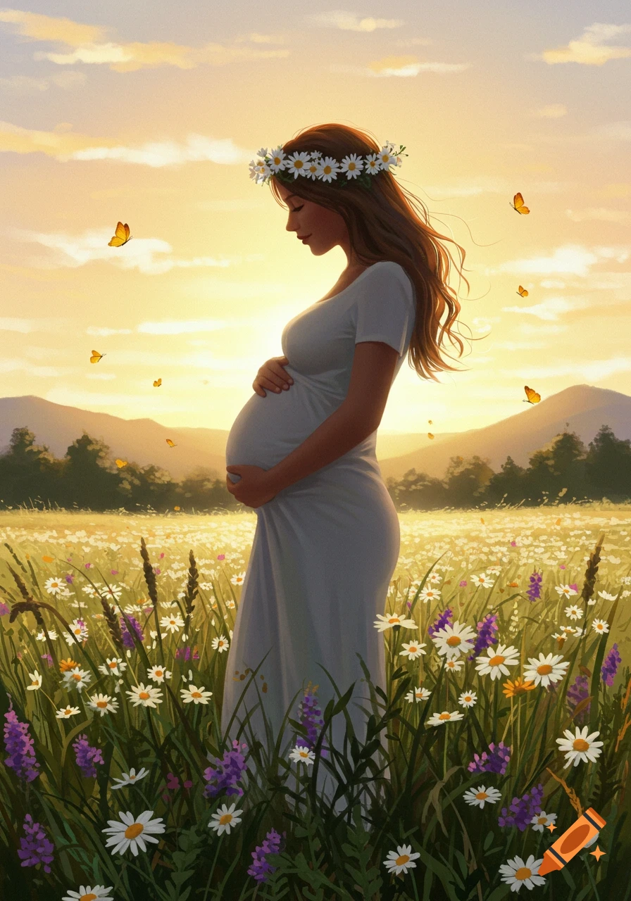 A pregnant woman in a white dress with a flower crown stands in a field of wildflowers at sunset with butterflies flying around her.