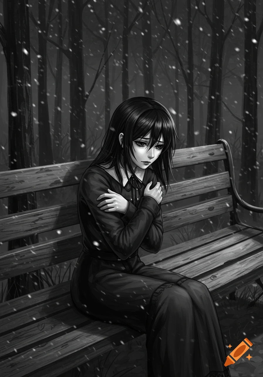 Black and white anime style image of a sad woman sitting on a park bench in a snowy forest.