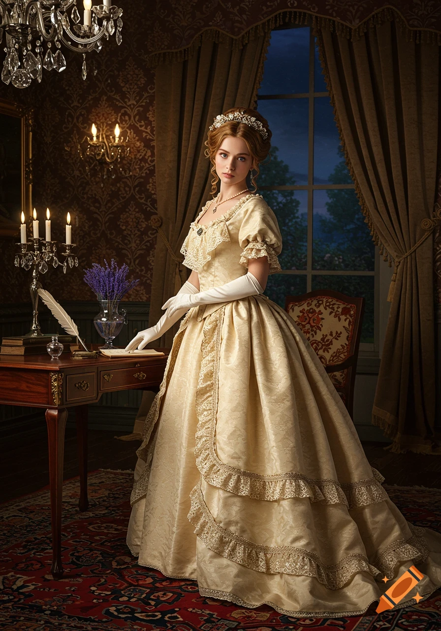 A young woman in a lavish cream Victorian gown and white gloves stands by a writing desk in an ornate, dimly lit room.