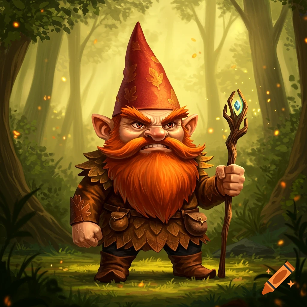An angry cartoon gnome with a red pointed hat and a long orange beard, holding a staff, stands in a magical forest.